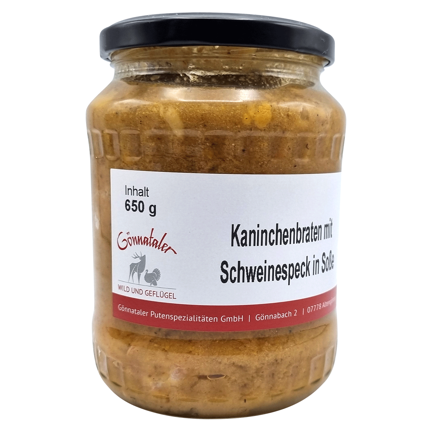 Kaninchenbraten mit Schweinespeck in Soße - im Glas